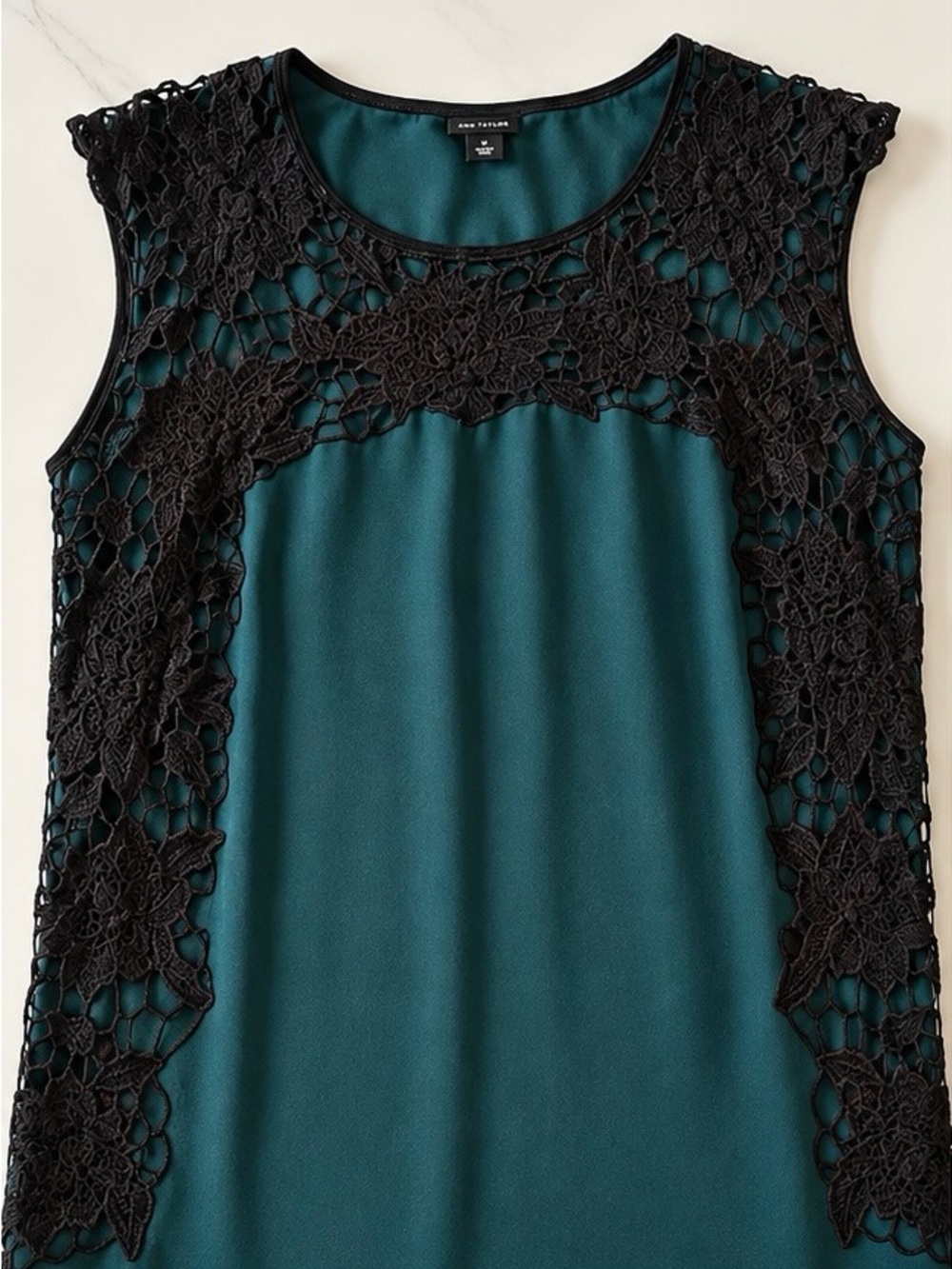 Ann Taylor Teal Camisole with Black Crochet Lace